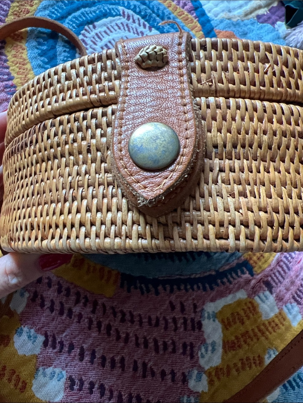 Amerii Rattan Round Woven Crossbody Bag in Tan with Leather Trim - Picture 5 of 11